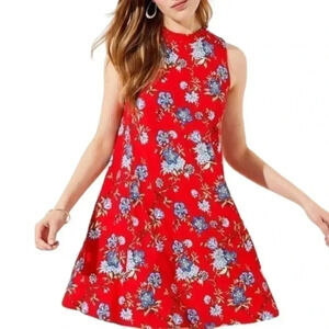 Ann Taylor LOFT Vine Floral Red Mock Neck Swing Dress